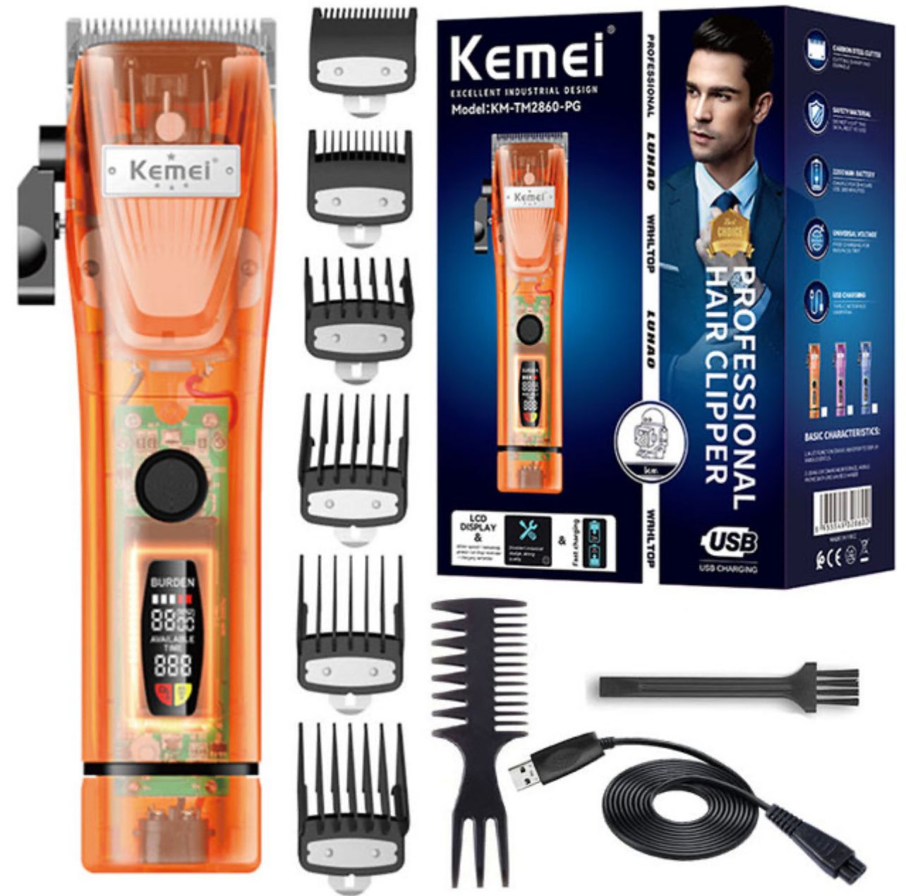 kemei 2860+pg pro ajustable potente clipper de pelo lcd eléctrico trimmer profesional cable inalámbrico máquina de corte de pelo