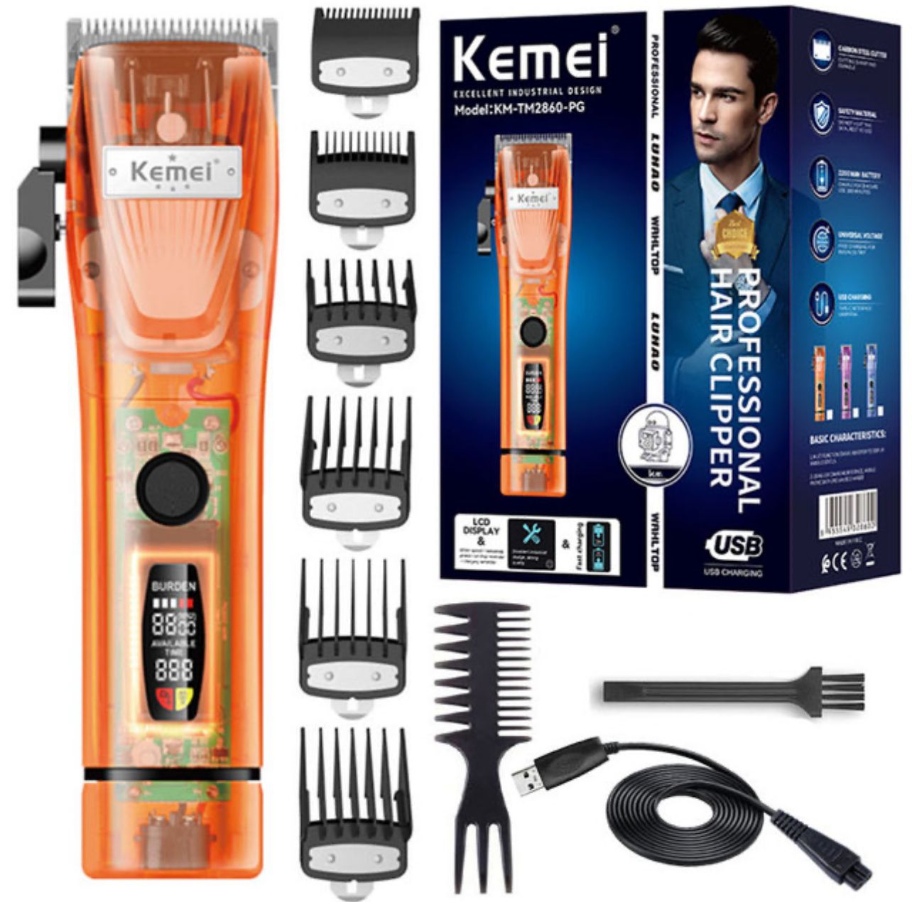 kemei 2860+pg pro ajustable potente clipper de pelo lcd eléctrico trimmer profesional cable inalámbrico máquina de corte de pelo