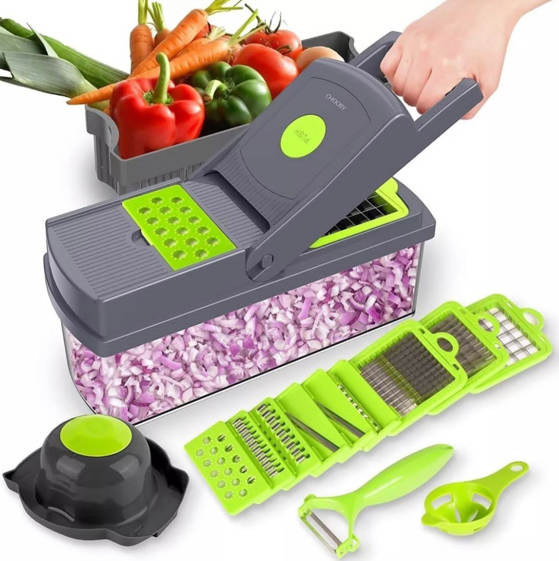 Picador de Verduras Multifuncional 14 en 1 Cortador de Verduras - Picador  de Cebolla Rallador Verduras con 6 Cuchillas de Acero Inoxidable con  Contenedor Cesta Coladora para Fruta Verdura Ensalada : 