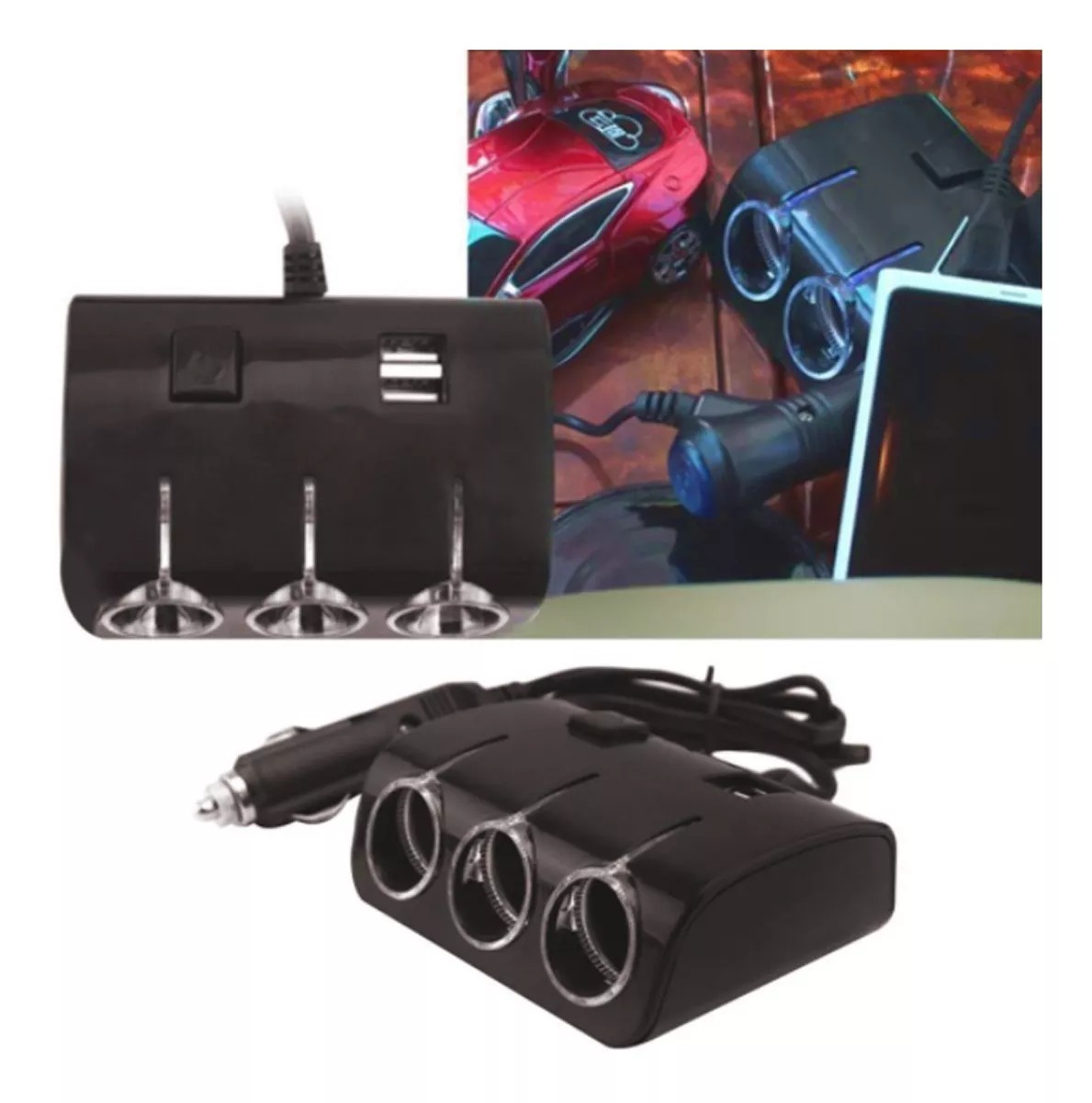 Cargador Adaptador Triple Encendedor Del Auto + Puerto Usb