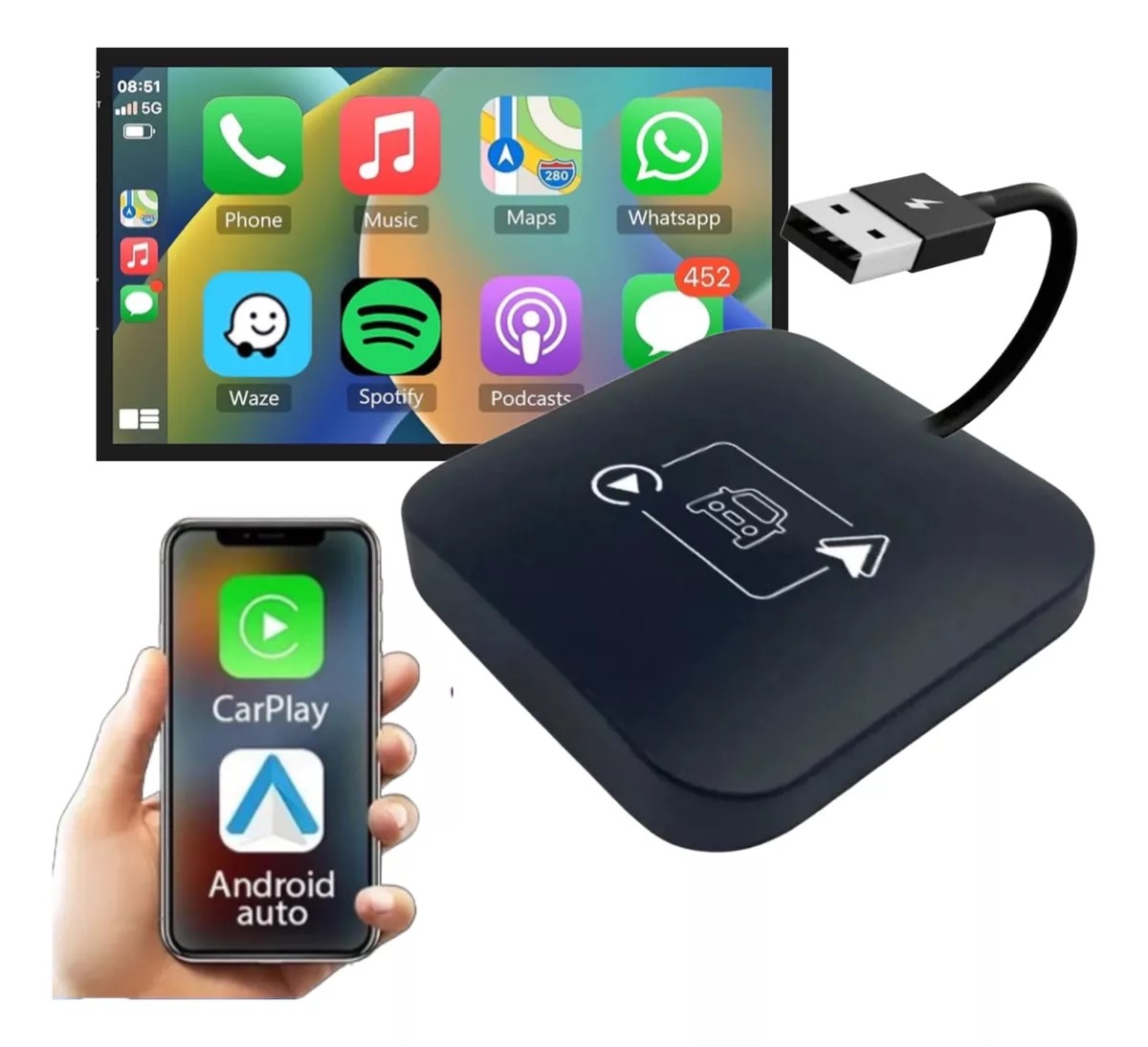 Car Play Para: iPhone / Android Auto De Cable A Inalambrico