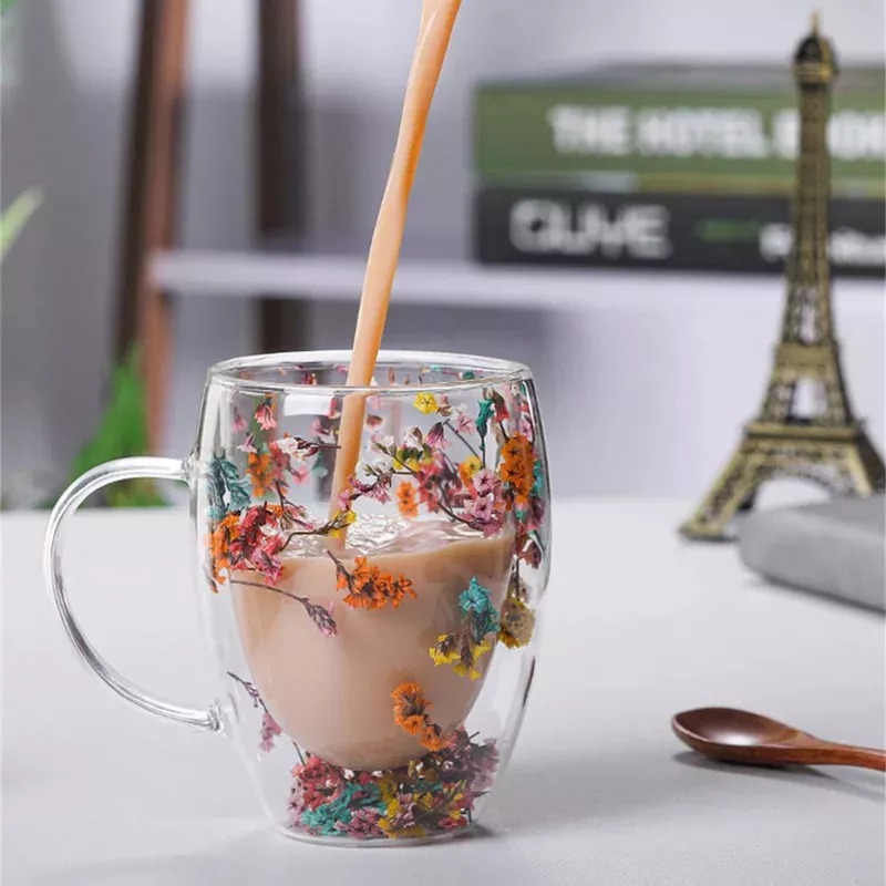 Taza Creativa De Vidrio De Doble Pared Con Flor Seca