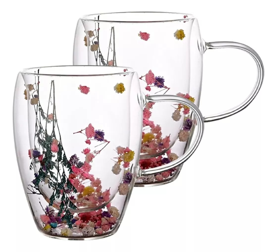 Set 2 Tazas Mug Doble Pared Con Flores Eternas 350ml Cafe Te