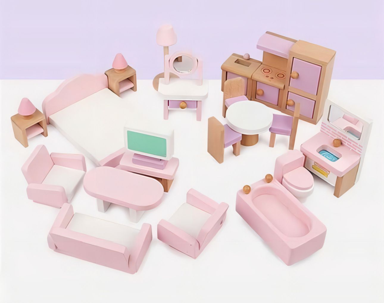 Set Muebles De Madera Para Casa Muñecas 22 Piezas Montessori