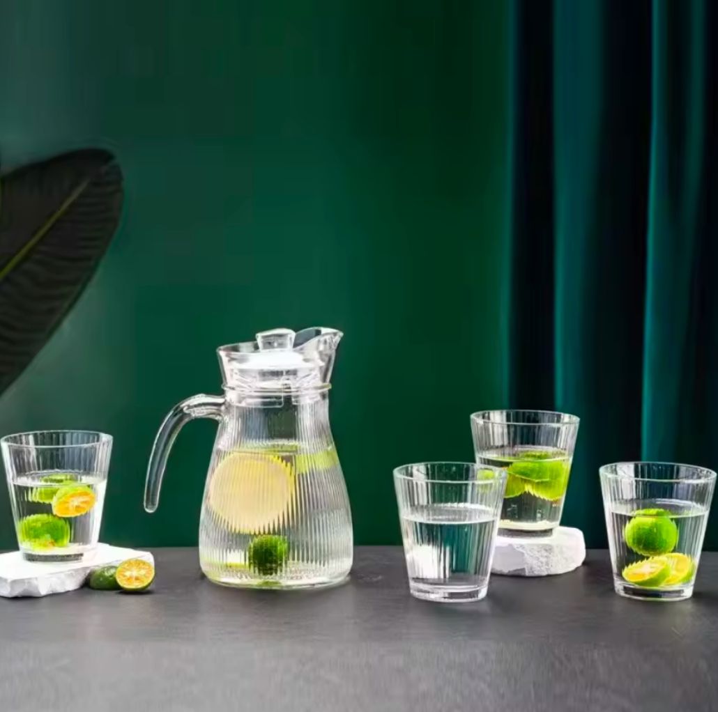 Jarra De Vidrio Para Agua Y Bebidas Con Tapa + 4 Vasos