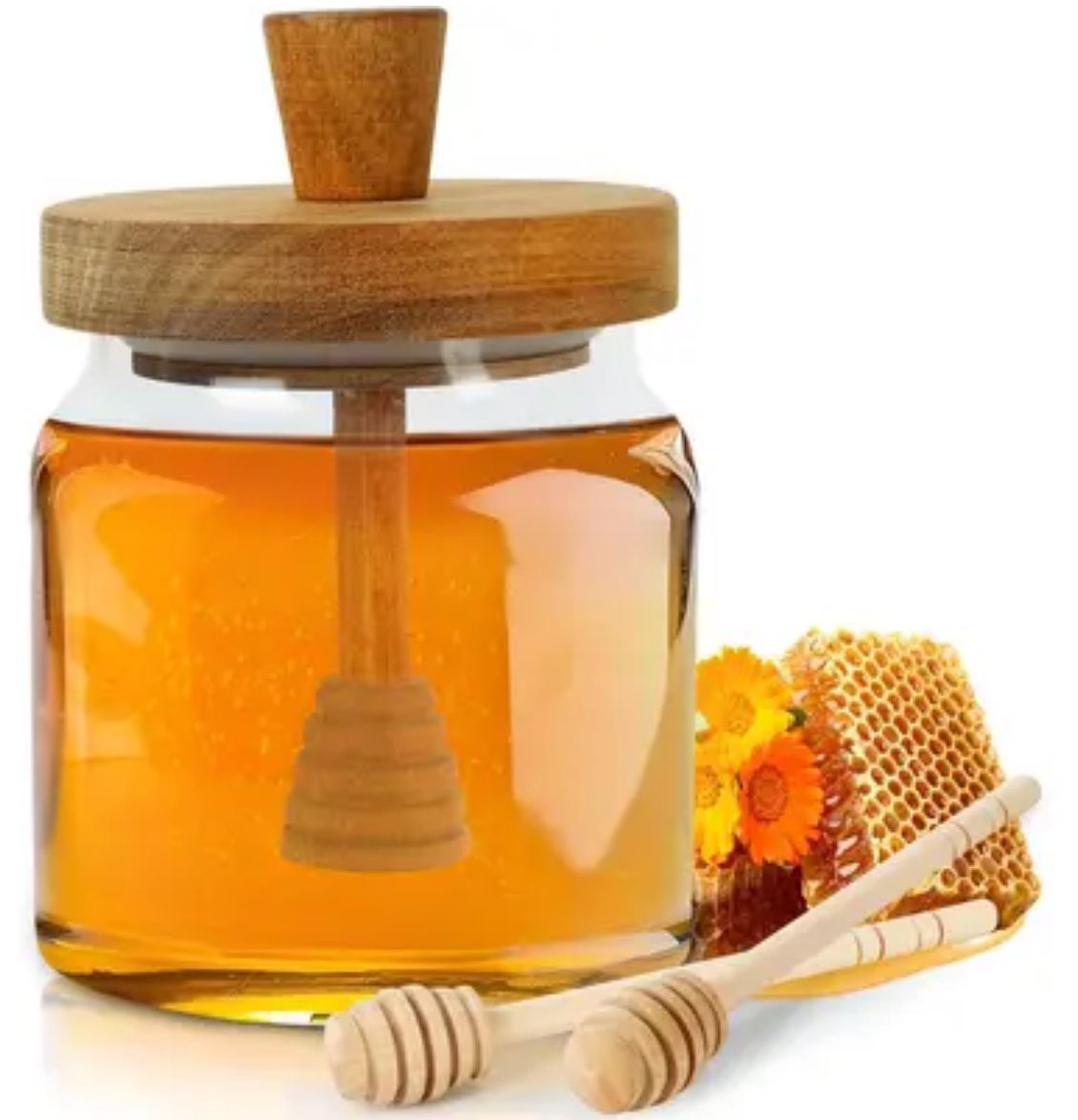 Frasco Para Miel y Jarabe Madera Con Cuchara
