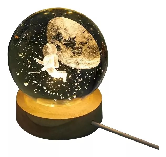 Esfera De Cristal Y Madera Con Blanca Astronauta Lunar
