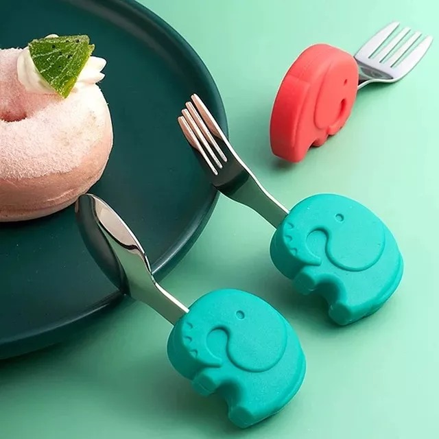 Set De Cubiertos Acero Cuchara-tenedor Mango Silicona Niños