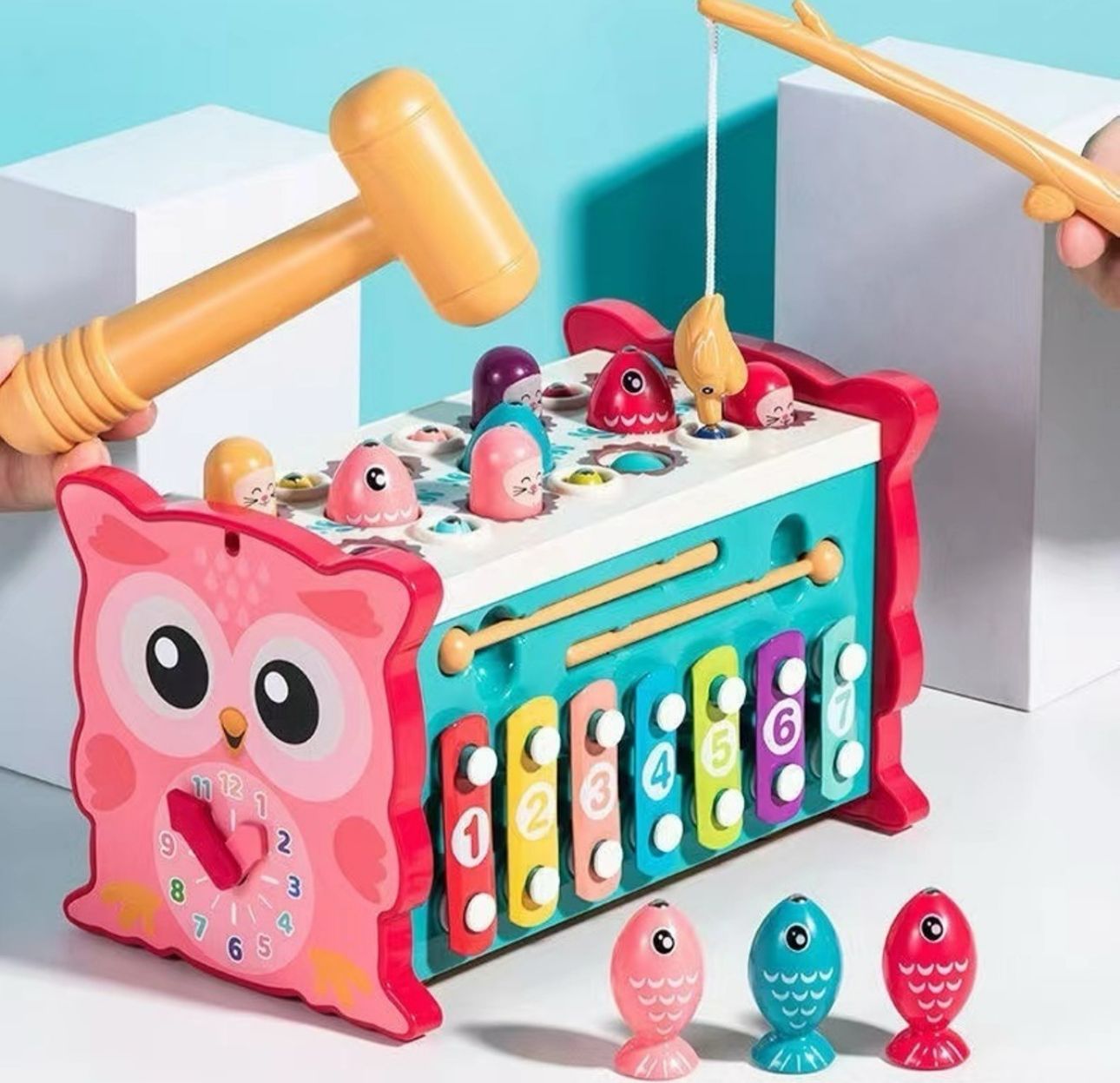 Juguete Montessori Para Bebés Búho Musical Martillo Pesca