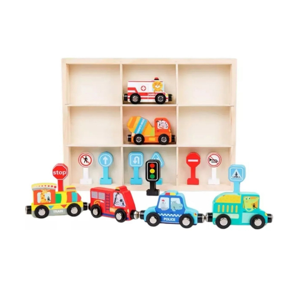 Set 6 Vehículos Madera Con Imanes Señales De Tránsito Y Caja