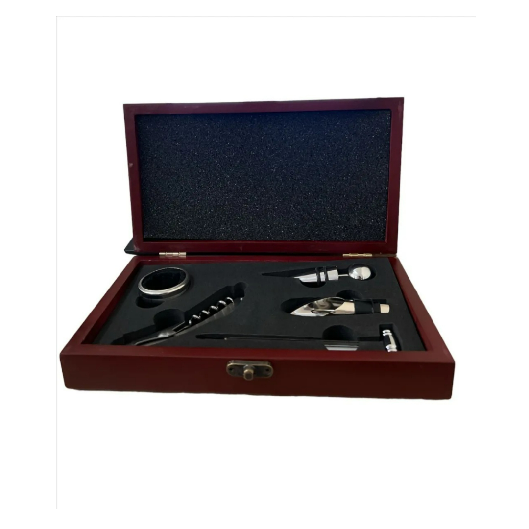 Set Descorchador De Vinos Acero Caja Madera 5 Piezas.