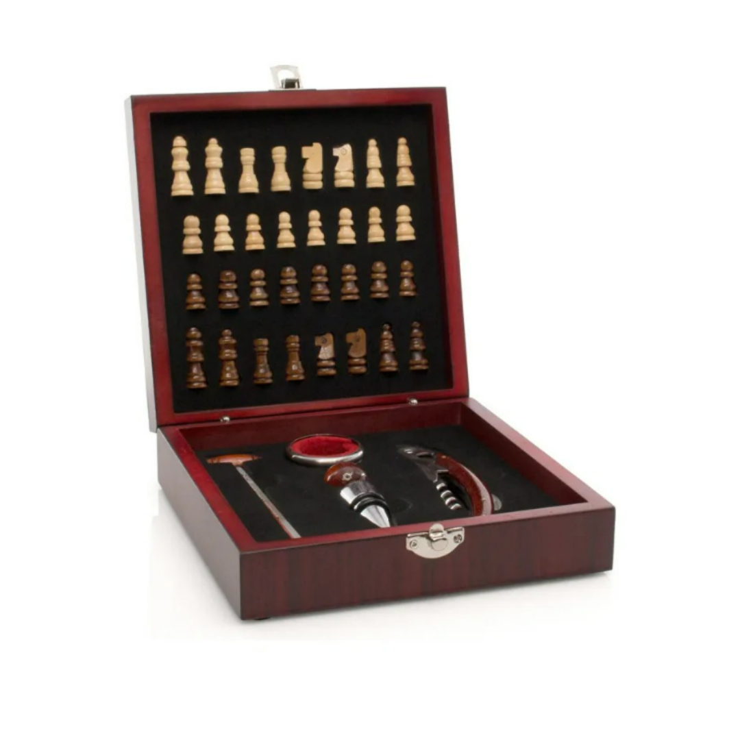 Caja De Madera De Ajedrez + 4 Accesorios Set De Vino