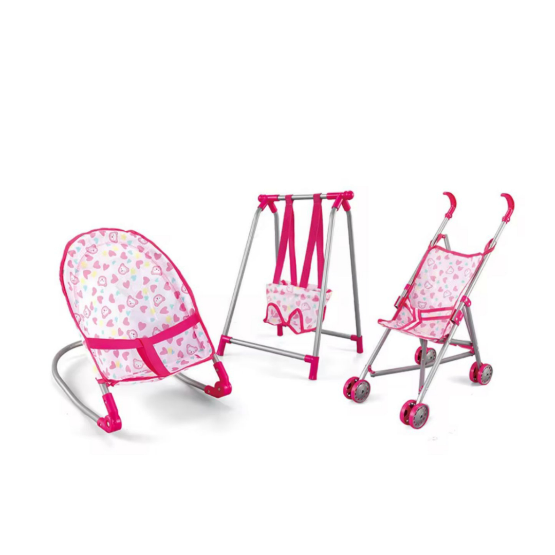 Set Juego 3 En 1 Con Muñeca, Silla, Columpio Y Coche