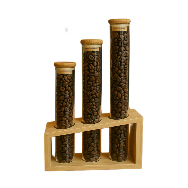 Set 3 Frascos Tubo Café con Tapa Bambú  Base Madera  Decorativos  Cocina Premium