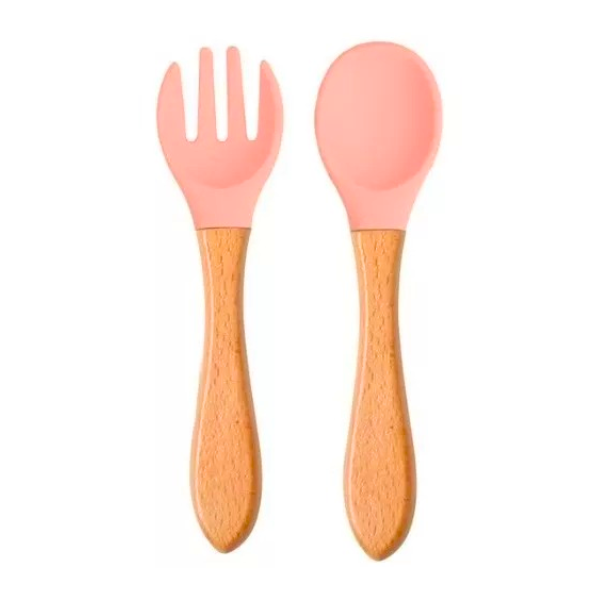 Servicio Cuchara Tenedor Silicona Mango Madera Bebé Comida