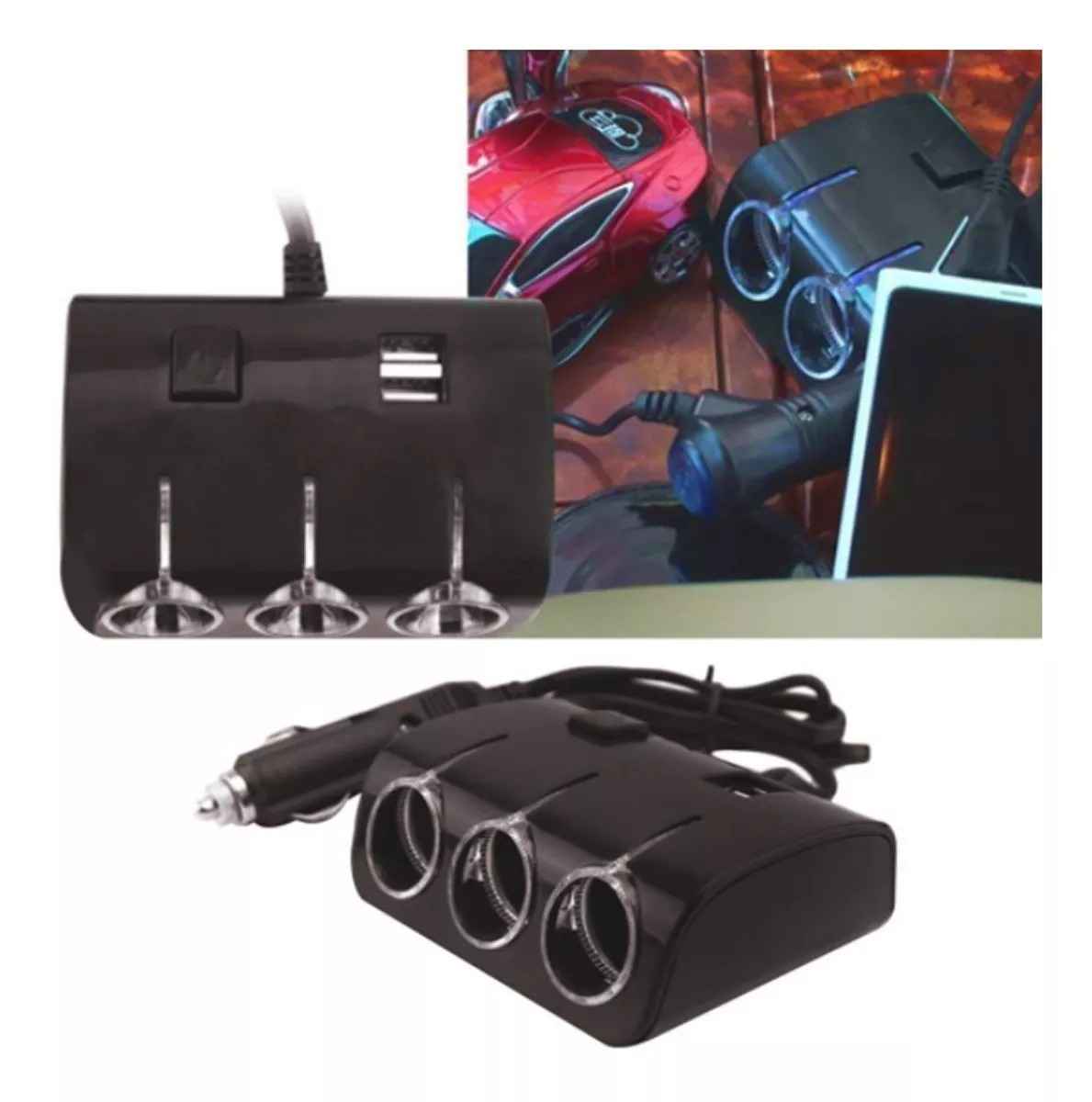 Cargador Adaptador Triple Encendedor Del Auto + Puerto Usb