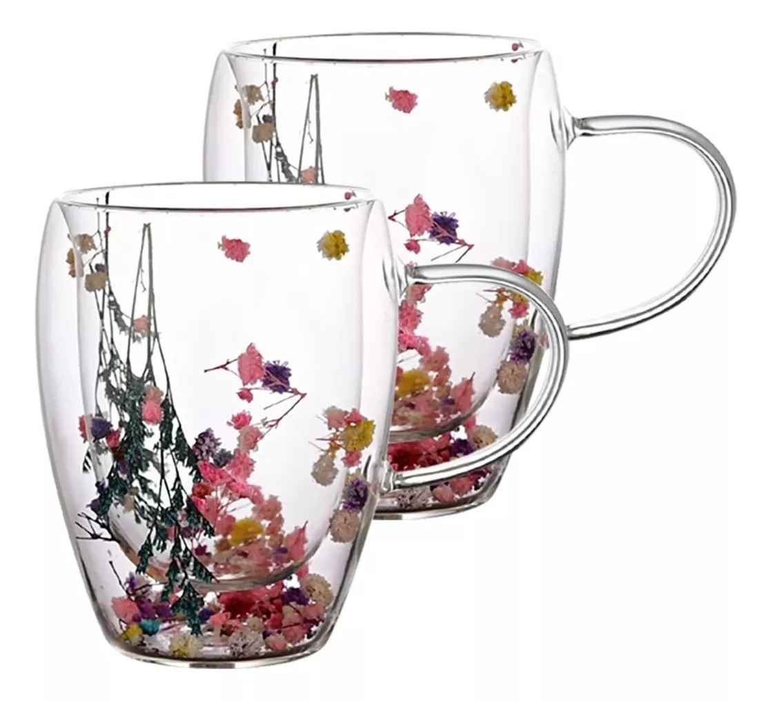 Set 2 Tazas Mug Doble Pared Con Flores Eternas 350ml Cafe Te