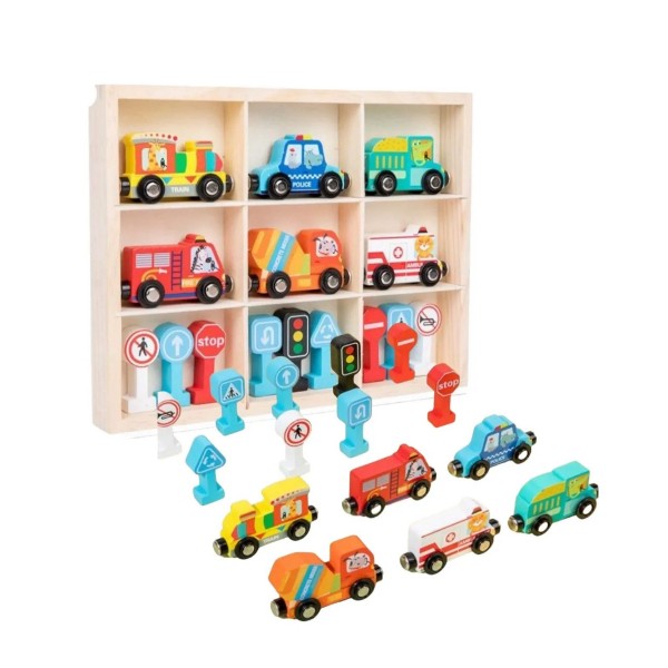 Set 6 Vehículos Madera Con Imanes Señales De Tránsito Y Caja