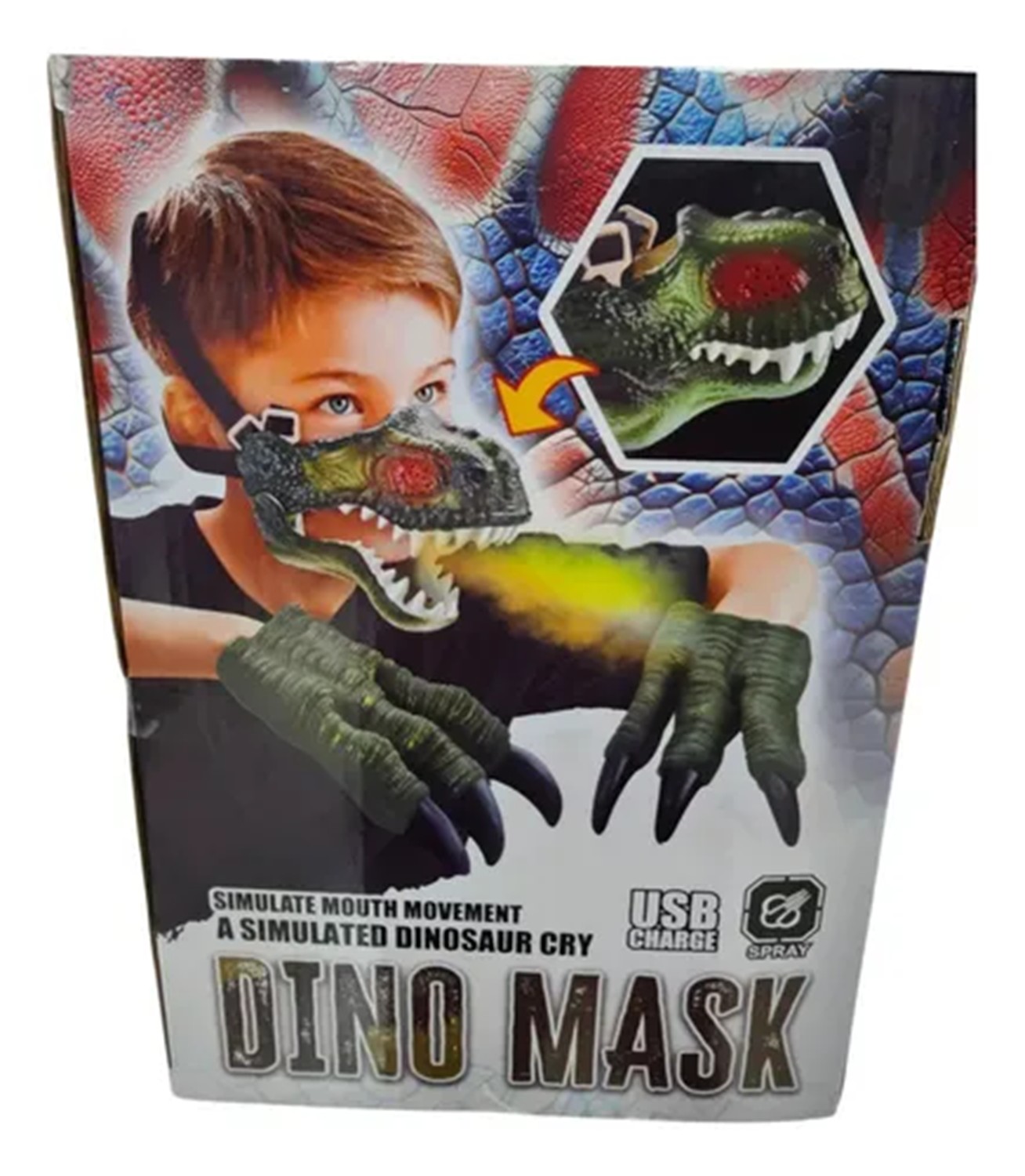Máscara Dinosaurio Y Garras Con Cambiador Luz Sonido Spray