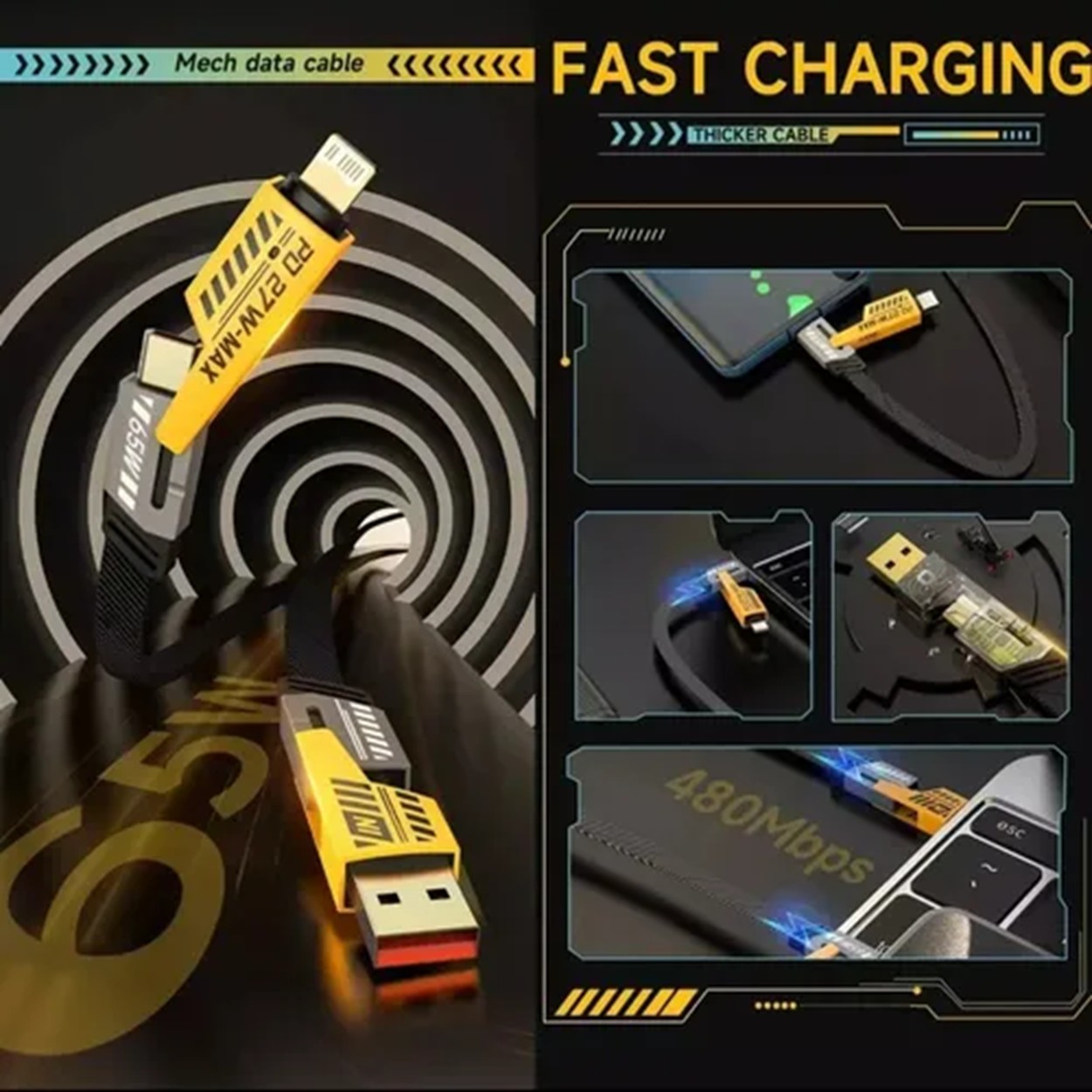 Cable De Datos De Carga Rápida 4 En 1 Multifuncional 1m