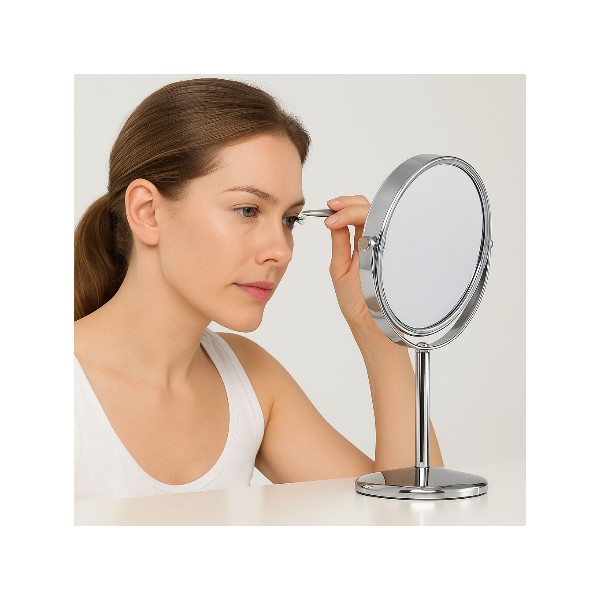 Espejo Doble Cara Aumento Con Base Plateado