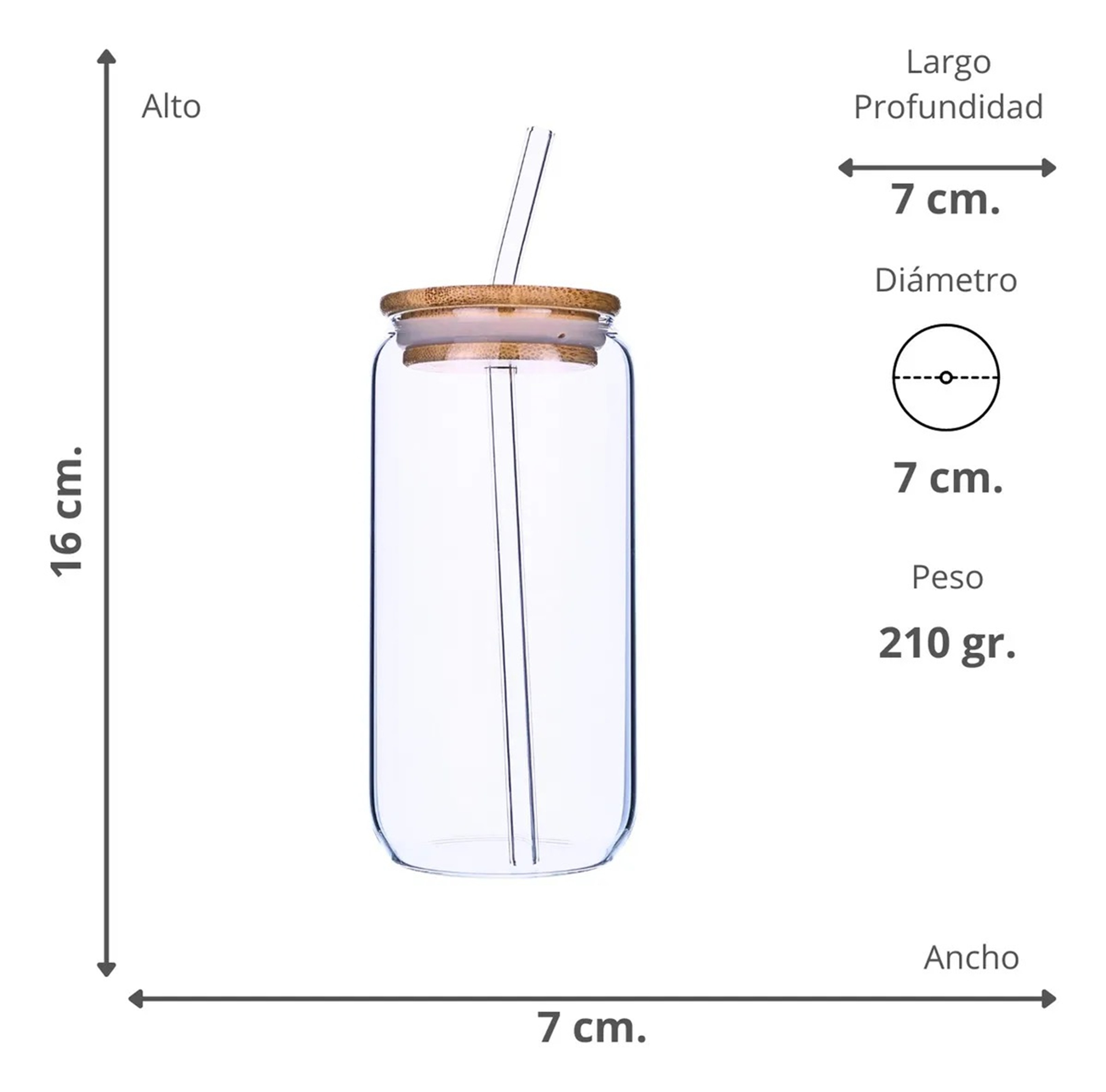 Vaso Lata De Vidrio Con Tapa De Bambú Y Bombilla 550ml