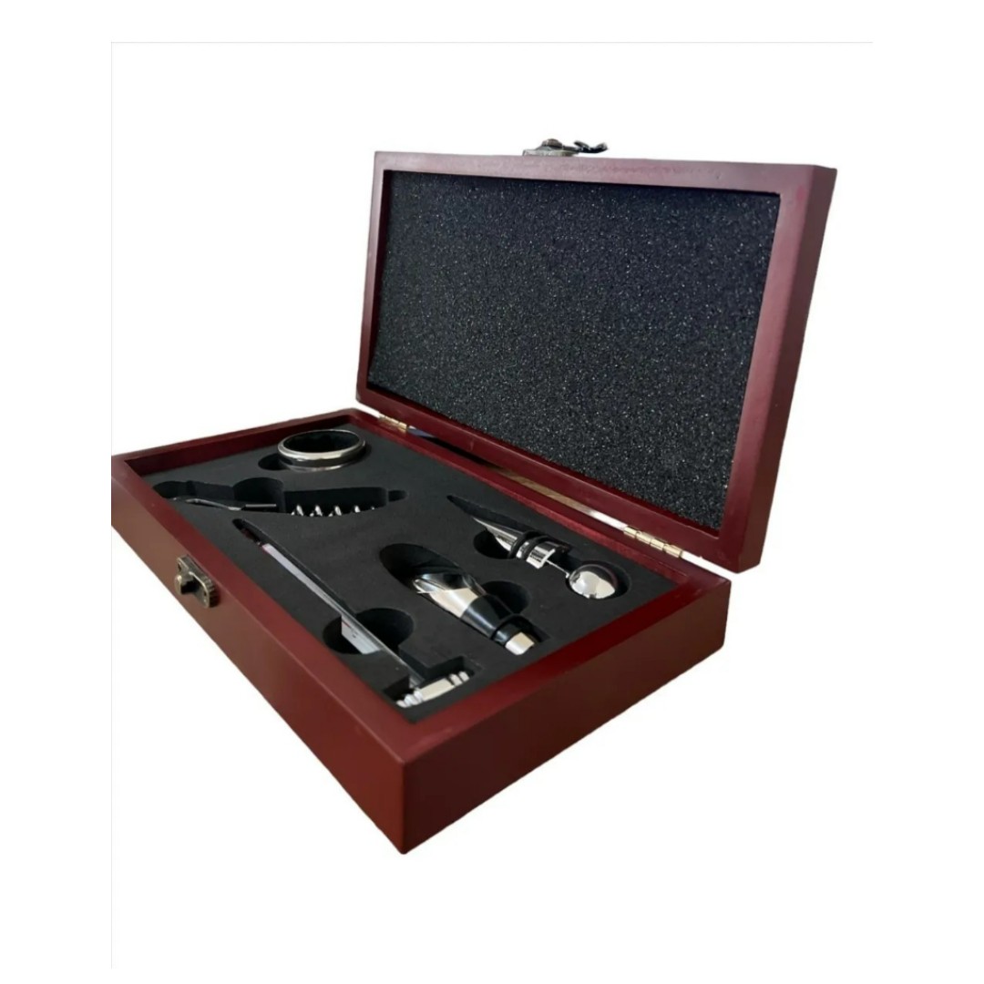 Set Descorchador De Vinos Acero Caja Madera 5 Piezas.