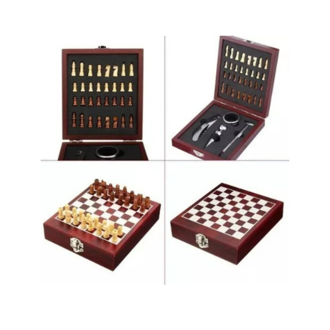 Caja De Madera De Ajedrez + 4 Accesorios Set De Vino