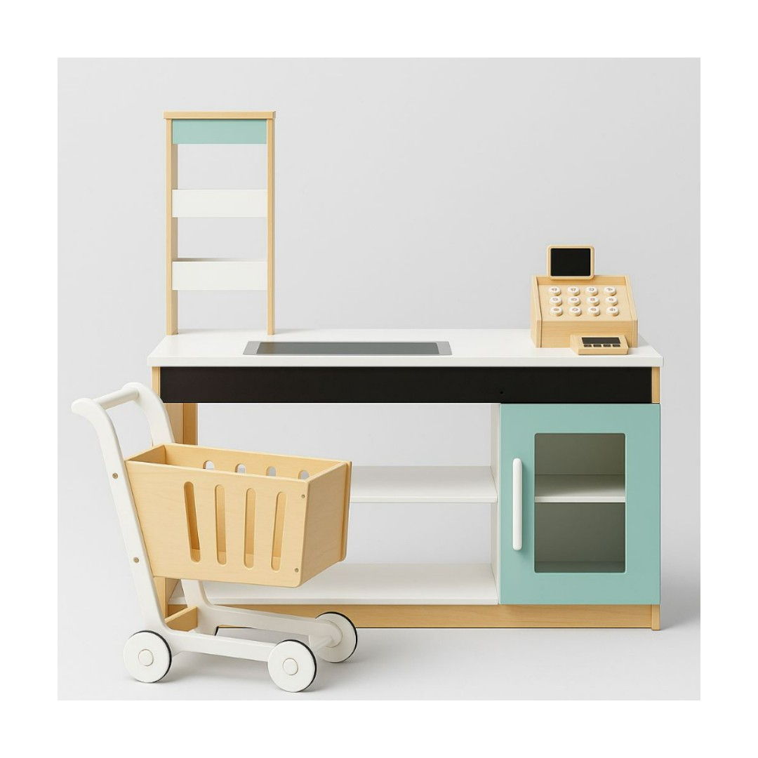 Supermercado De Madera Didáctico Para Niños + Carrito De Compras