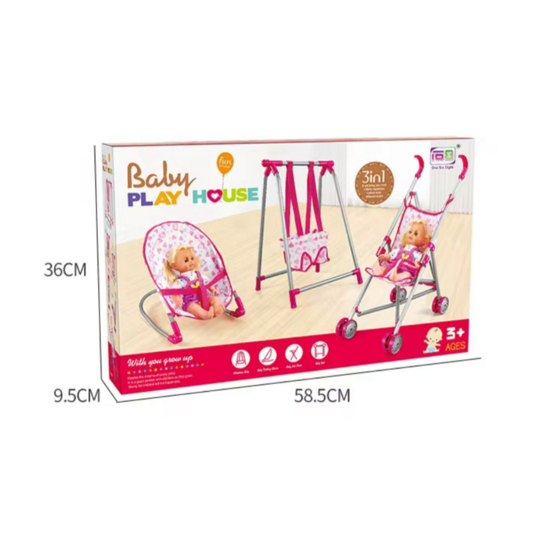 Set Juego 3 En 1 Con Muñeca, Silla, Columpio Y Coche