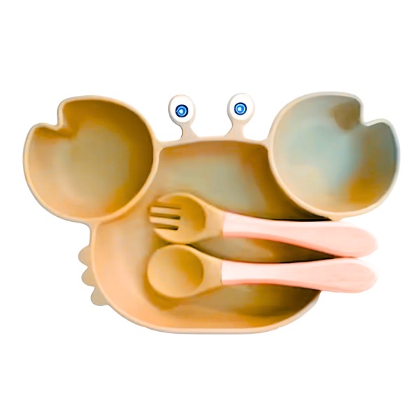 Plato Para Bebé Silicona Diseño Cangrejo Con Set Cubiertos