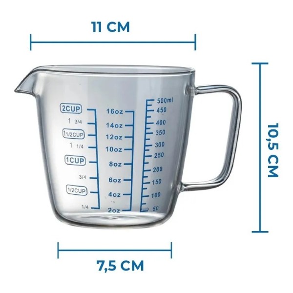 Taza Medidora De Vidrio, Jarra Medidora 500 ml
