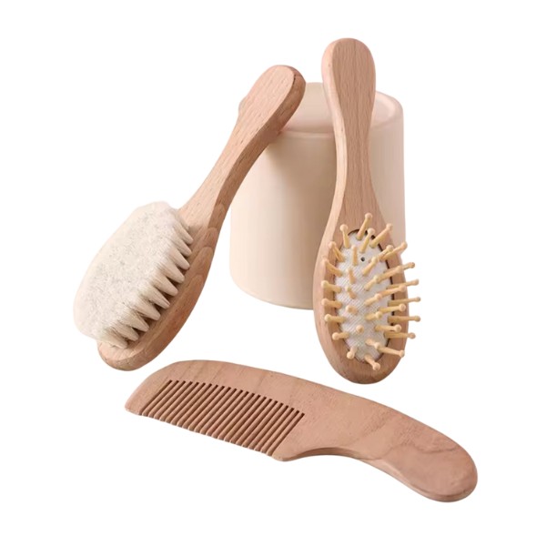 Kit Cepillo Peine Madera Cerdas Suaves Bebés Recién Nacidos