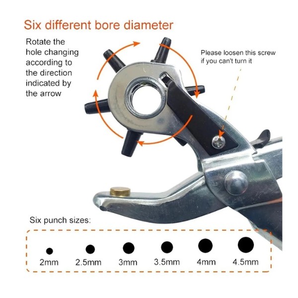Alicate Perforador de Cuero 6 Tamaños para Cinturones y Ojetillos