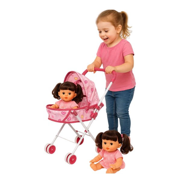 Coche Cuna Metalico De Juguete Con Muñeca