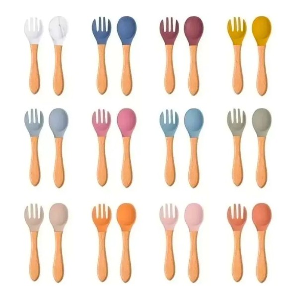 Servicio Cuchara Tenedor Silicona Mango Madera Bebé Comida
