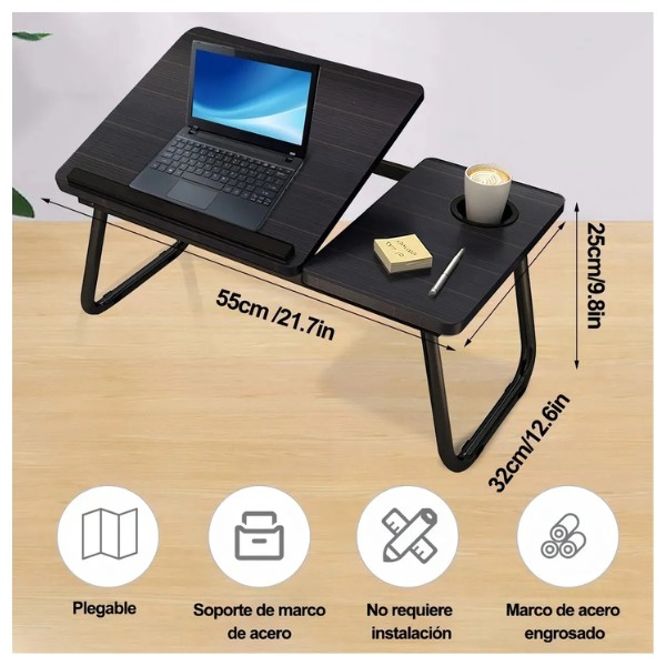 Mesa Portátil Plegable Ajustable Madera Acero 55x32cm