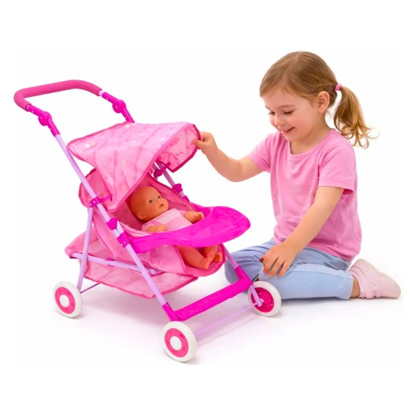 Coche Para Muñecas Plegable Rosado Con Canasto