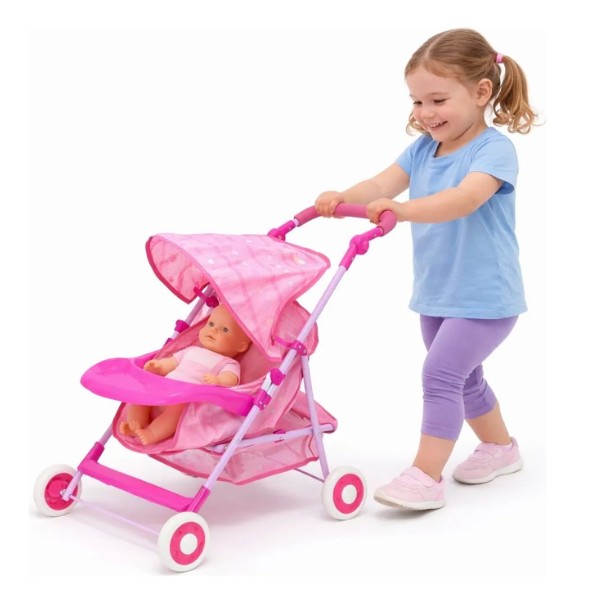Coche Para Muñecas Plegable Rosado Con Canasto