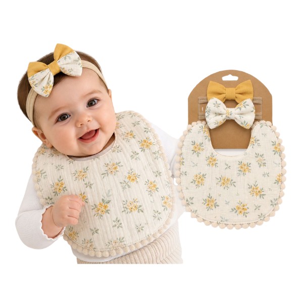 Set Babero + 2 Cintillos Bebé Niña Algodón Colores