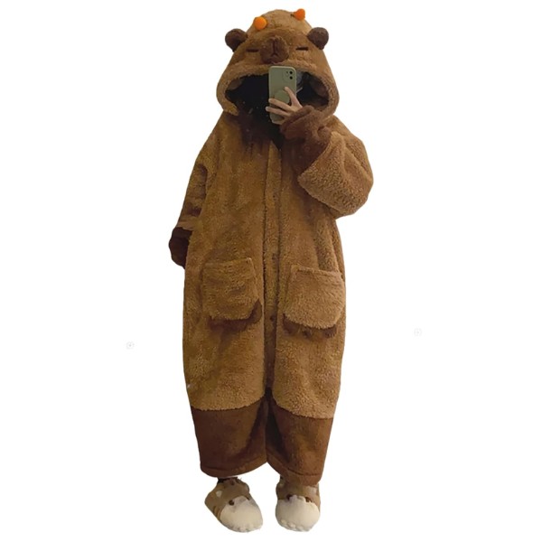Bata Polar Capucha Oso Unisex Invierno Café