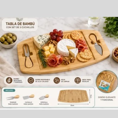 Tabla Quesos Madera Picar + Set Cuchillos Picoteo Aperitivos
